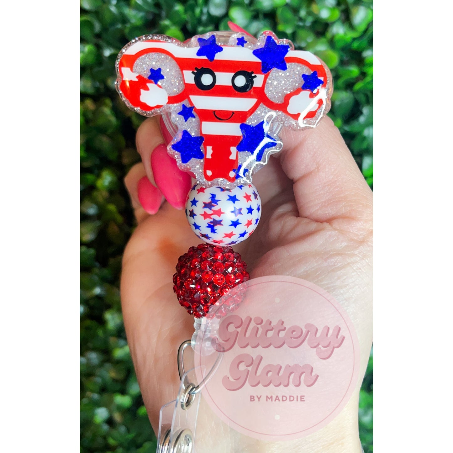 Patriotic Uterus Beaded Badge Reel, 4th of July Badge Reel, Gift for OBGYN Nurses