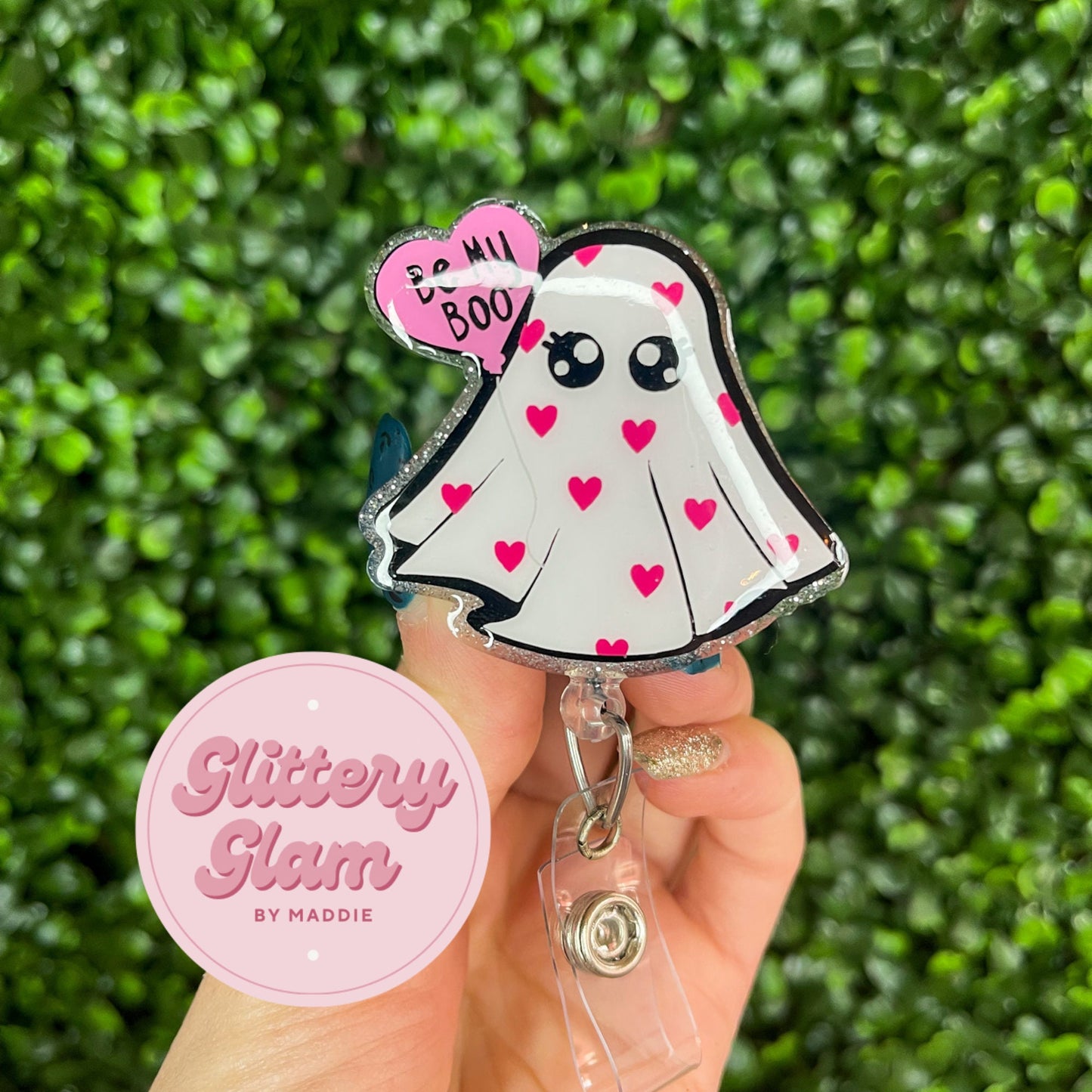 Be My Boo Ghost Badge Reel: Valentine's Day Glitter Accessory