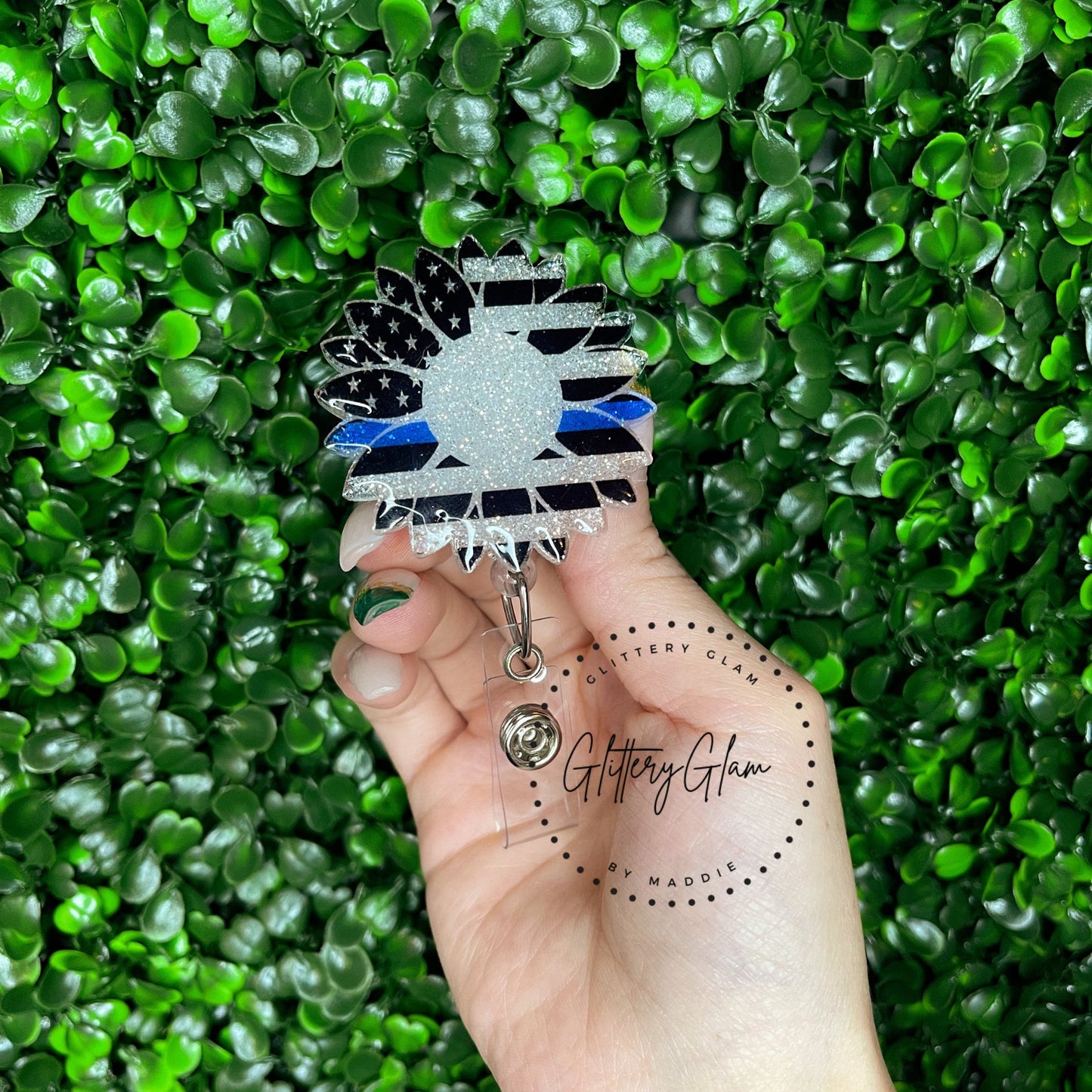 Thin Blue Line Flag Sunflower Badge Reel-Custom Police Id Holder-Glitter Keycard-Back the Blue