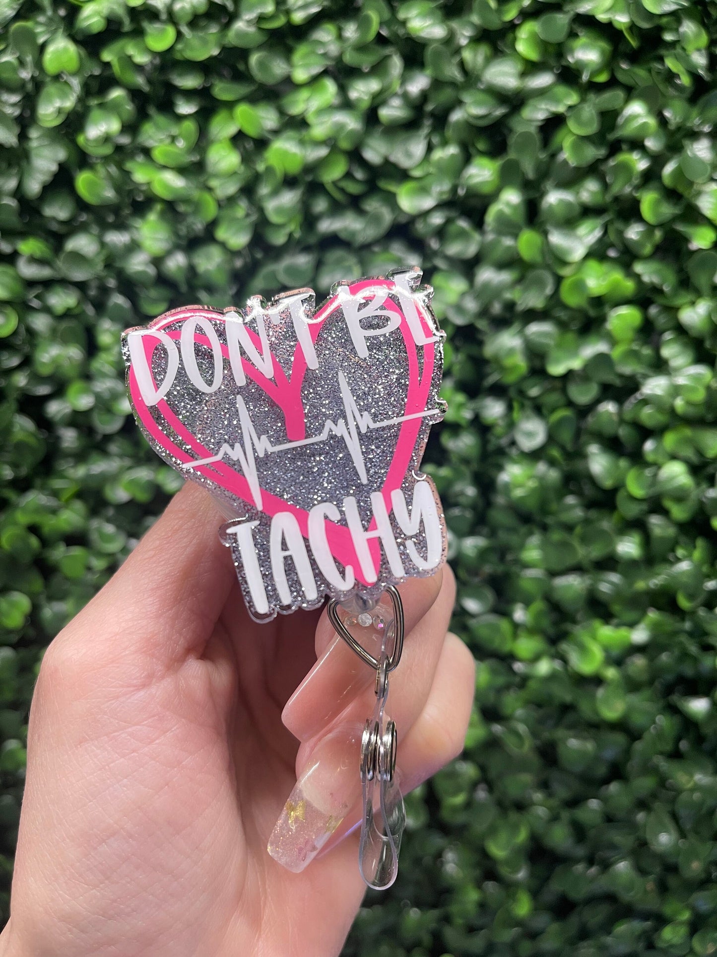 Don't Be Tachy Cardiology Badge Reel: Glitter Heart Alligator Clip