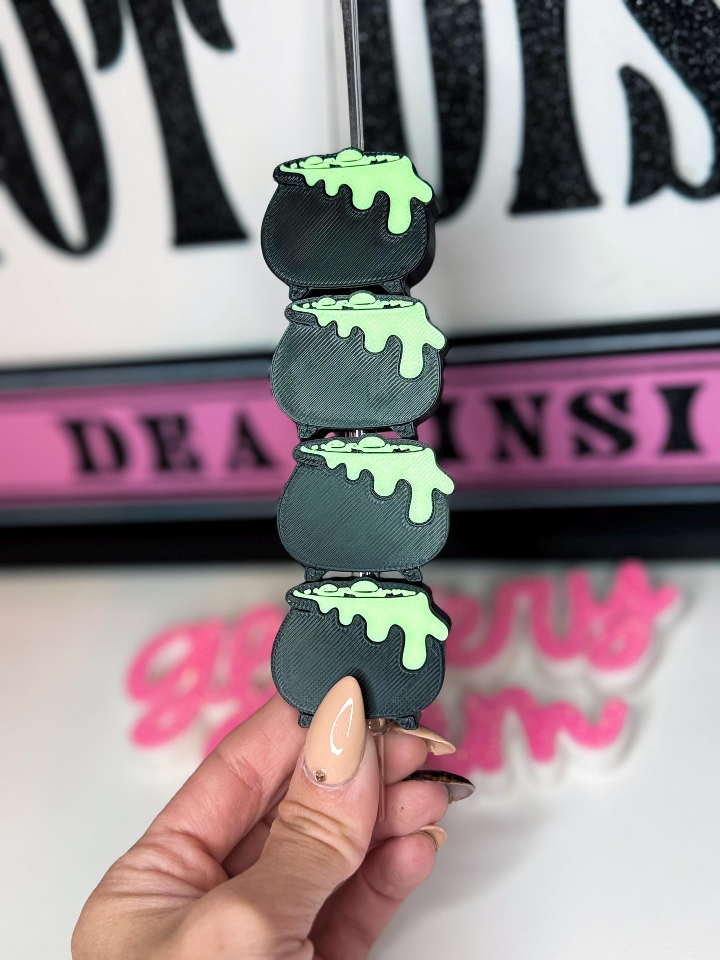 Glow in the Dark Bubbling Cauldron Straw Topper | Cute Spooky Halloween Cup Accessory | Glitter Witch Cauldron Tumbler Topper