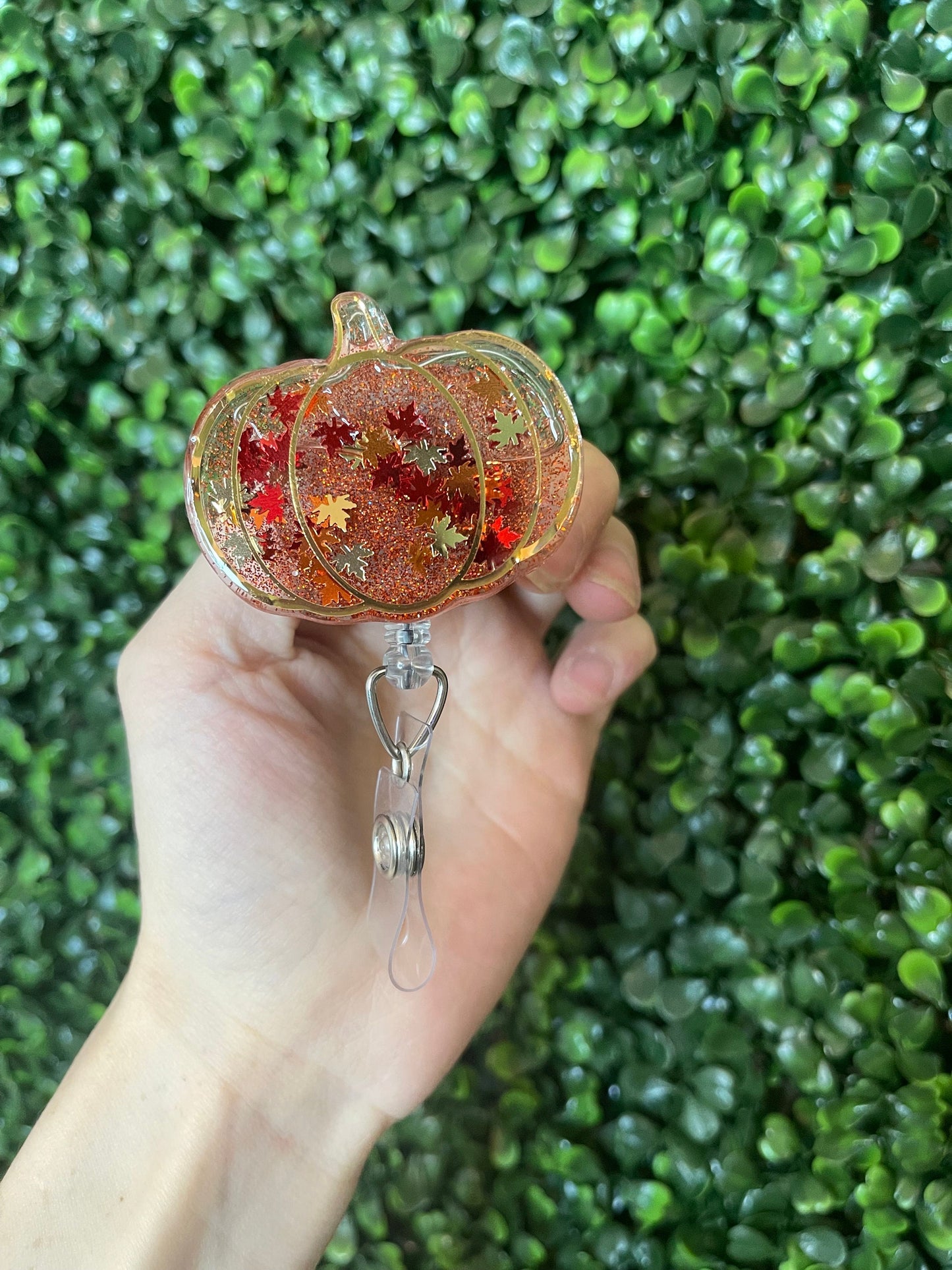 Pumpkin Shaker Badge Reel: Autumn Leaves, Retractable ID Holder