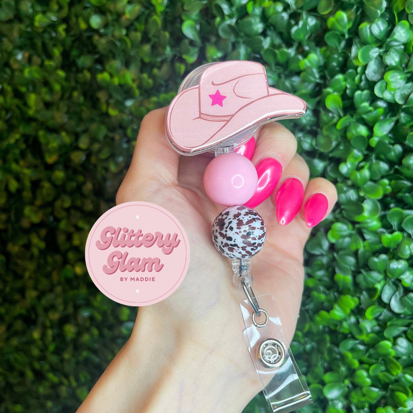 Pink Cowboy Hat Badge Reel: Cowgirl Western Retractable ID Holder