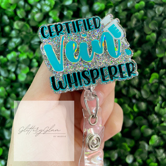 Phlebotomist Badge Reel: Teal Holographic Glitter, Vein Whisperer