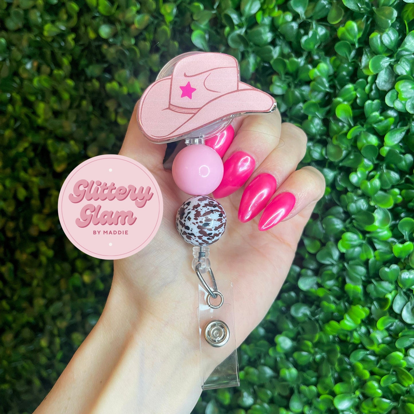 Pink Cowboy Hat Badge Reel: Cowgirl Western Retractable ID Holder