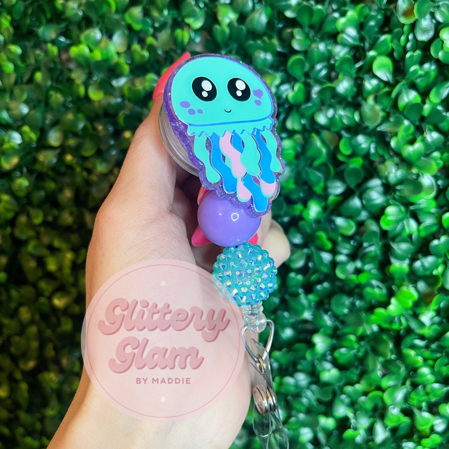 Iridescent Jellyfish Badge Reel: Glittered Summer ID Holder