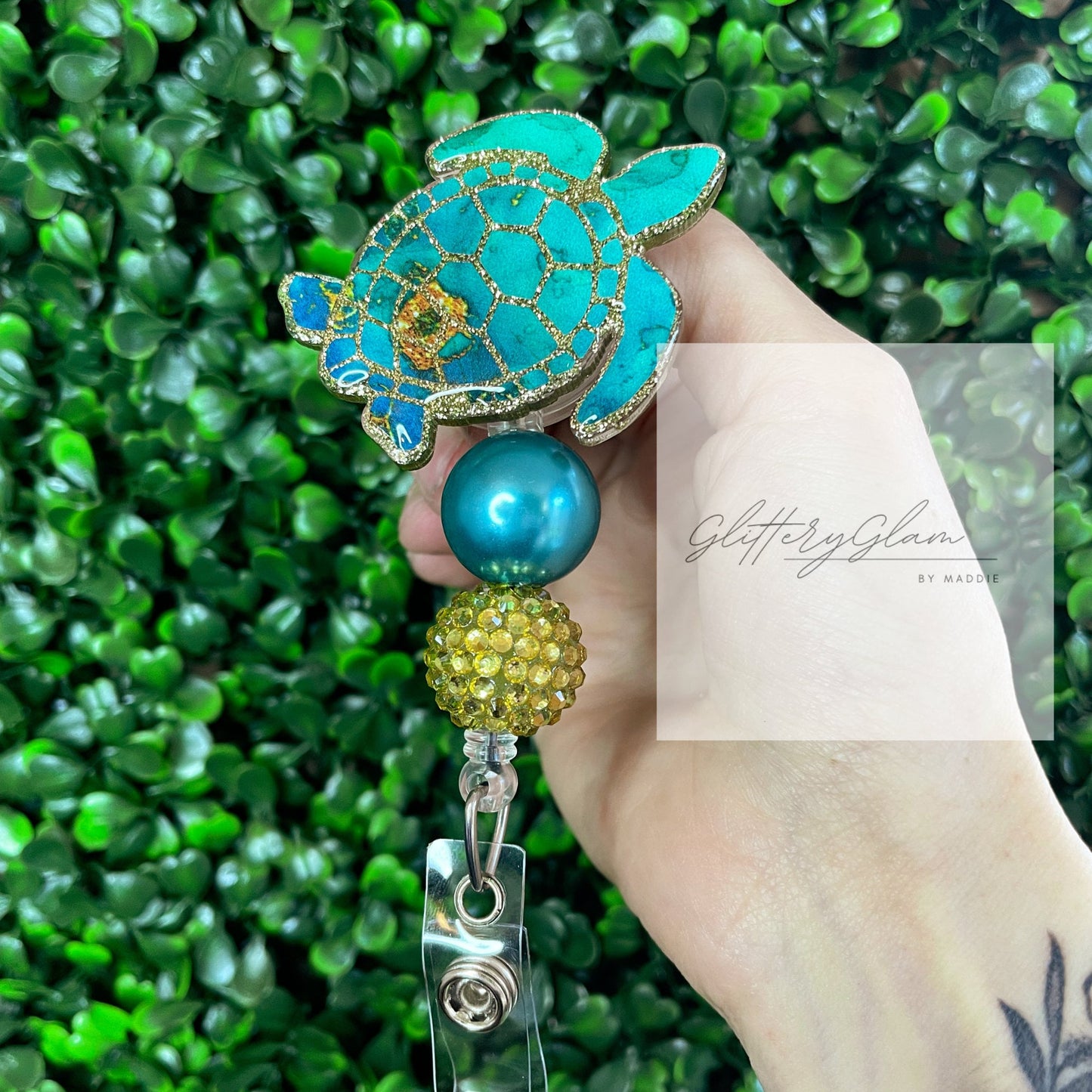 Gold Sea Turtle Beaded Badge Reel