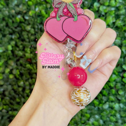 Vintage-Inspired Cherry Coquette Bow Badge Reel - Retractable ID Badge Holder - Nurse Gift