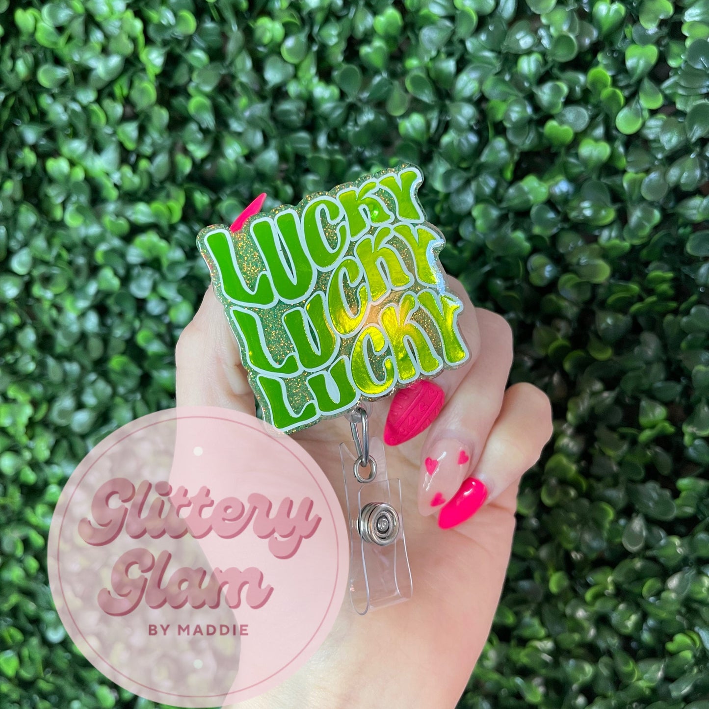 Green Glitter Lucky Badge Reel - St Patrick's Day Accessory - Nurse Gift