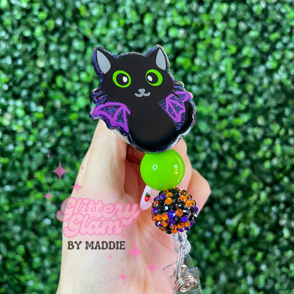 Bat Cat Halloween Badge Reel: Beaded Spooky Accessory