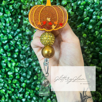 Gold Pumpkin Badge Reel with Leaves, Beaded Badge Holder for Nurses, Perfect Gift for Nurses, Teachers, or Office Workers