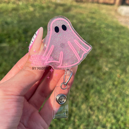 Pink Halloween Ghost Badge Reel: Glow in the Dark ID Holder