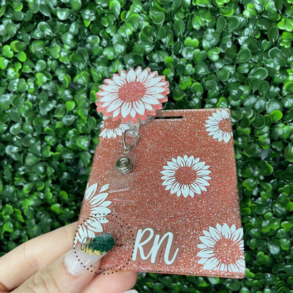 Personalized Sunflower Badge Reel: Rose Gold Glitter Nurse ID Holder