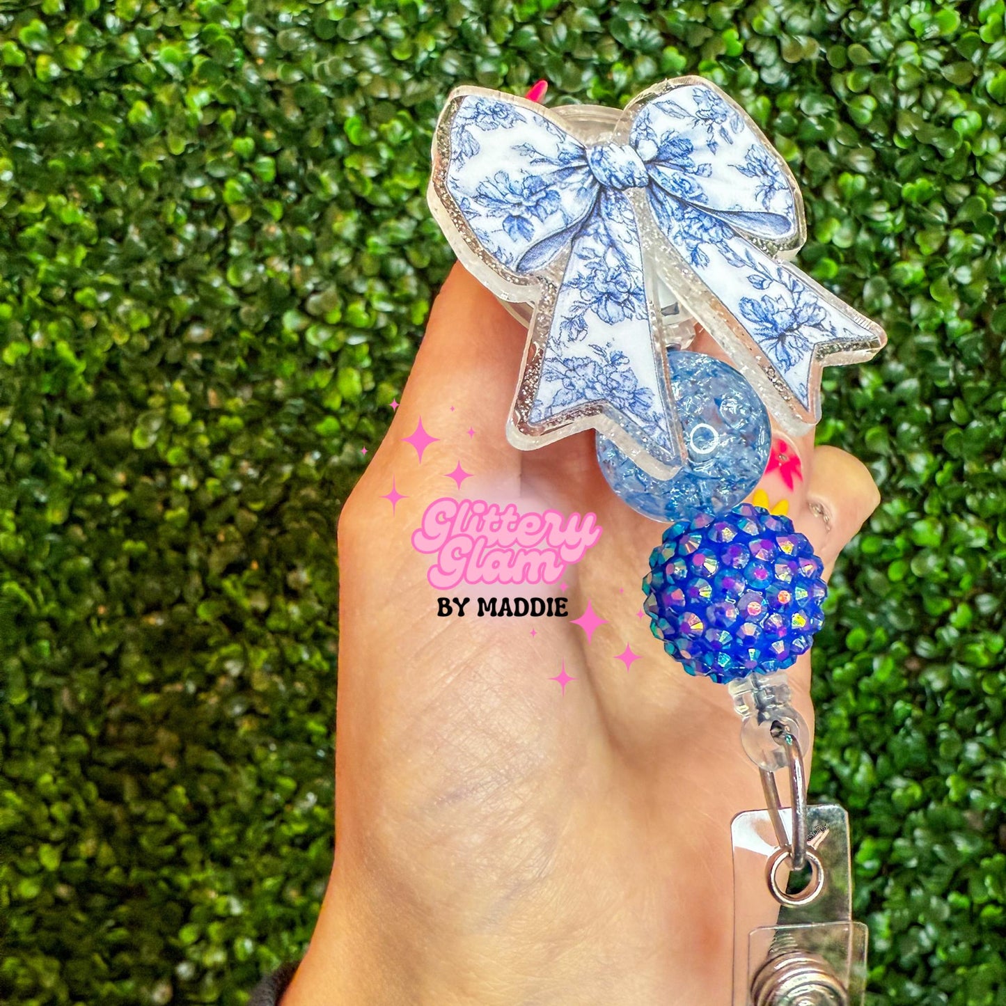 Blue Toile Bow Badge Reel: Beaded Retractable ID Holder