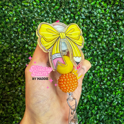 Coquette Pencil Bow Badge Reel – Teacher Accessory - Teacher Appreciation Gift - Lanyard