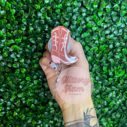 Rustic Pink Cowgirl Boot Badge Reel - Western ID Holder