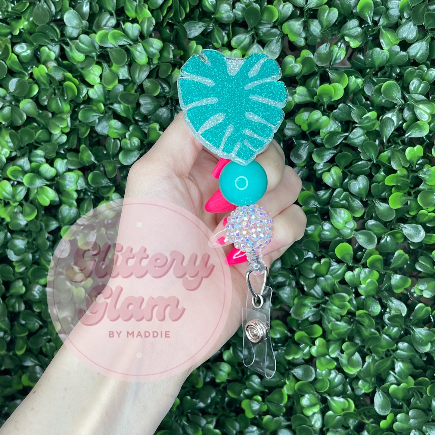 Monstera Leaf Badge Reel: Glitter Plant ID Holder
