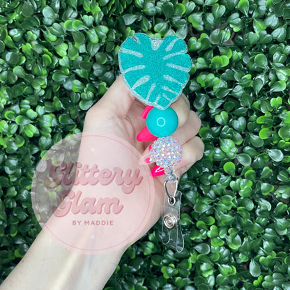 Monstera Leaf Badge Reel: Glitter Plant ID Holder