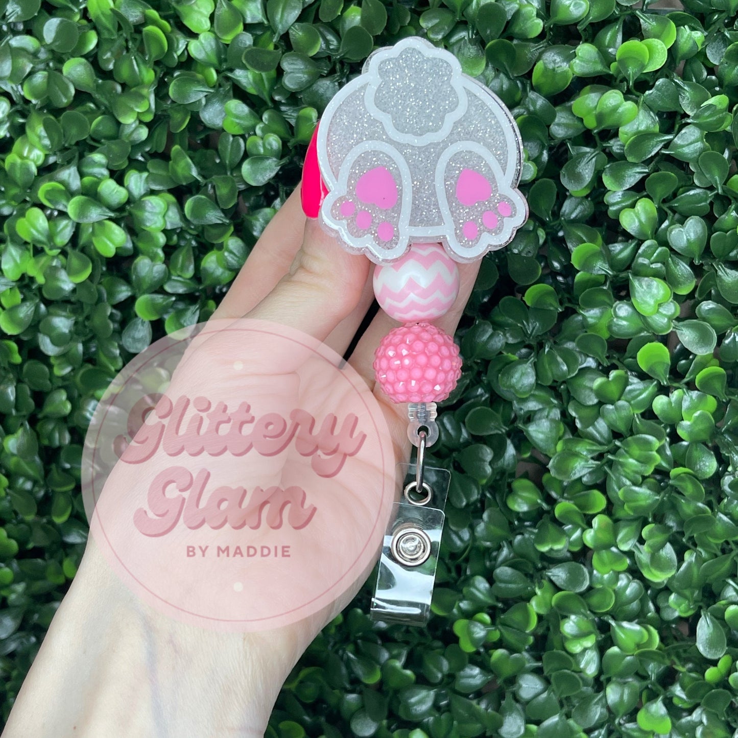 Easter Bunny Butt Badge Reel: Glittery Beaded Retractable ID Holder