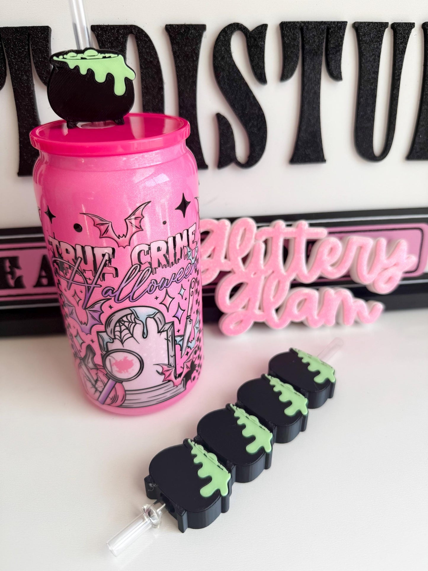 Glow in the Dark Bubbling Cauldron Straw Topper | Cute Spooky Halloween Cup Accessory | Glitter Witch Cauldron Tumbler Topper