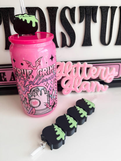 Glow in the Dark Bubbling Cauldron Straw Topper | Cute Spooky Halloween Cup Accessory | Glitter Witch Cauldron Tumbler Topper
