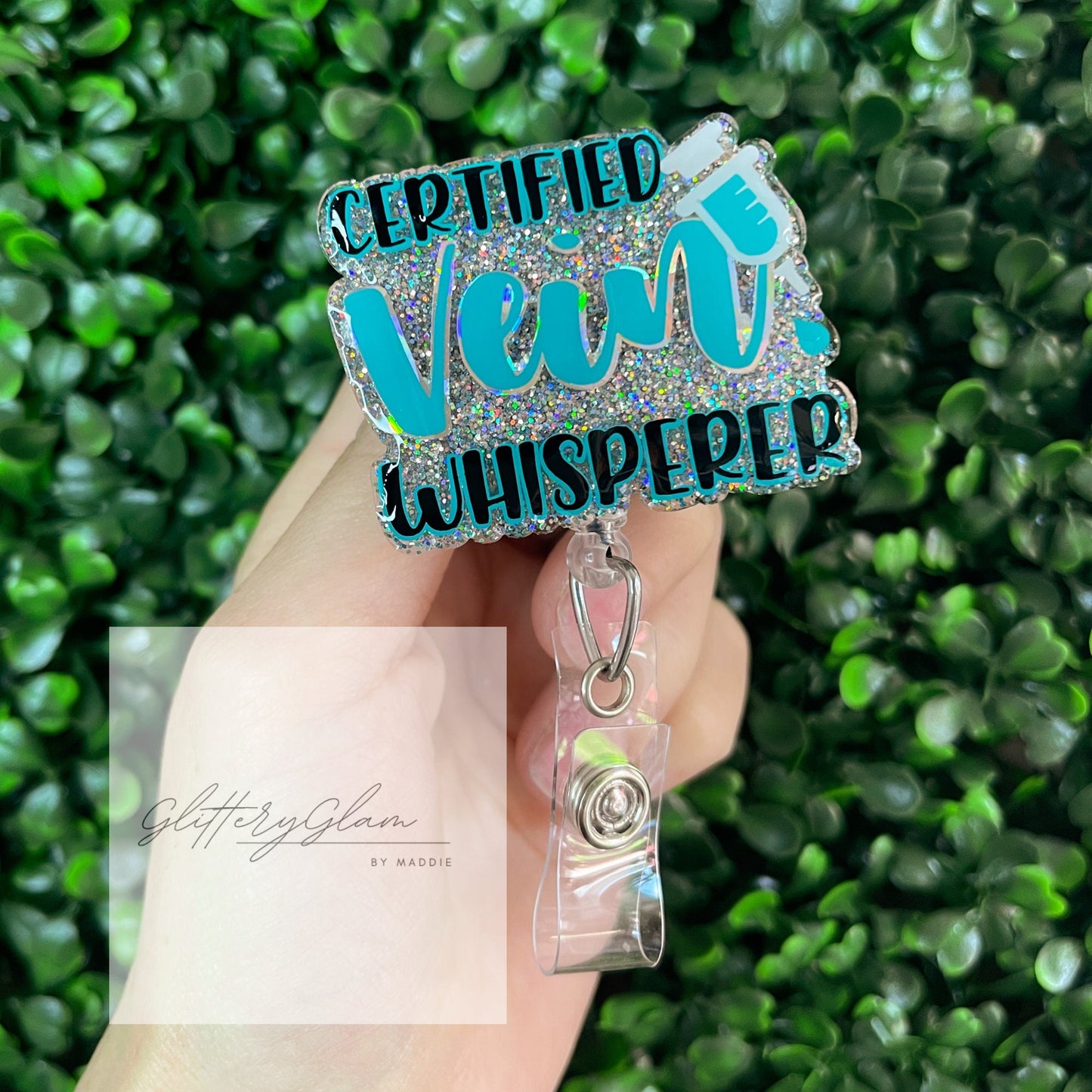 Phlebotomist Badge Reel: Teal Holographic Glitter, Vein Whisperer