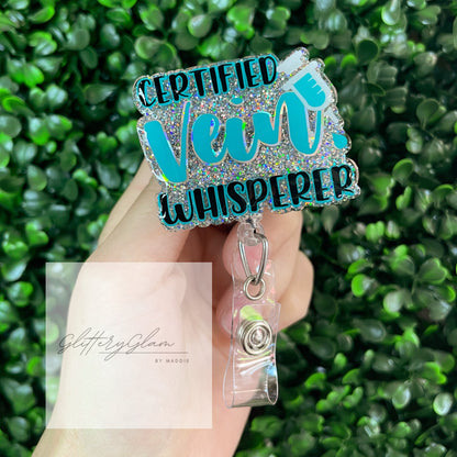 Phlebotomist Badge Reel: Teal Holographic Glitter, Vein Whisperer