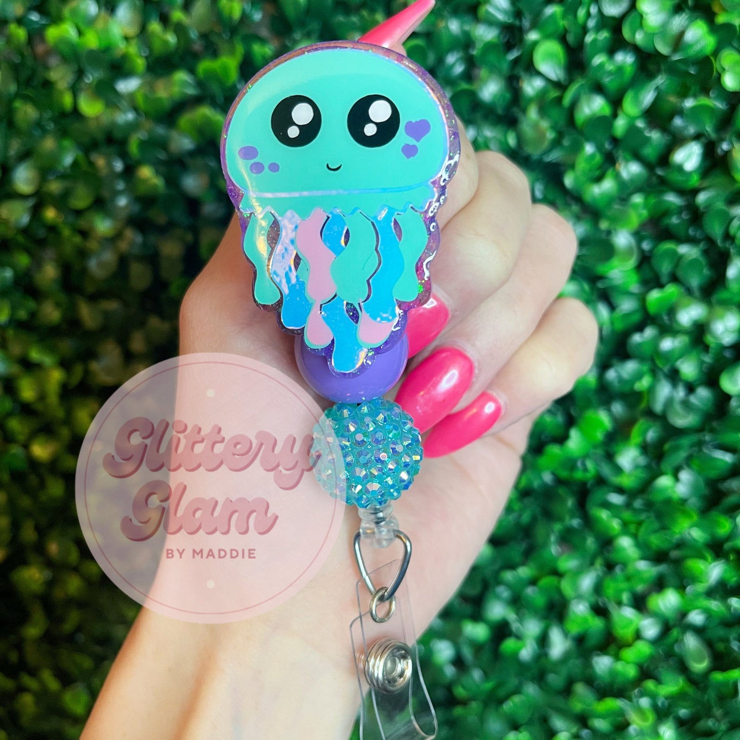 Iridescent Jellyfish Badge Reel: Glittered Summer ID Holder