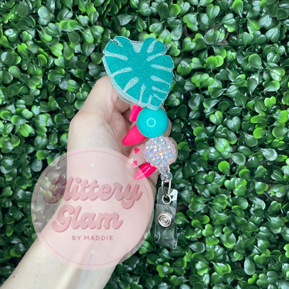 Monstera Leaf Badge Reel: Glitter Plant ID Holder
