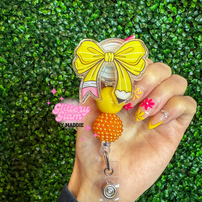Coquette Pencil Bow Badge Reel – Teacher Accessory - Teacher Appreciation Gift - Lanyard