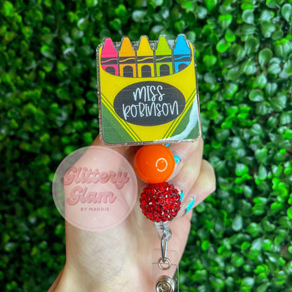 Personalized Crayon Box Beaded Badge Reel