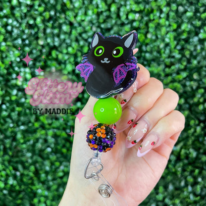 Bat Cat Halloween Badge Reel: Beaded Spooky Accessory