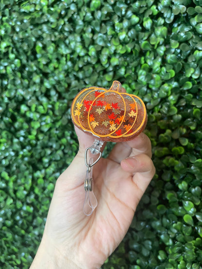 Pumpkin Shaker Badge Reel: Autumn Leaves, Retractable ID Holder
