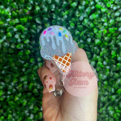 Sparkly Ice Cream Cone Badge Reel: Handglittered Summer ID Holder