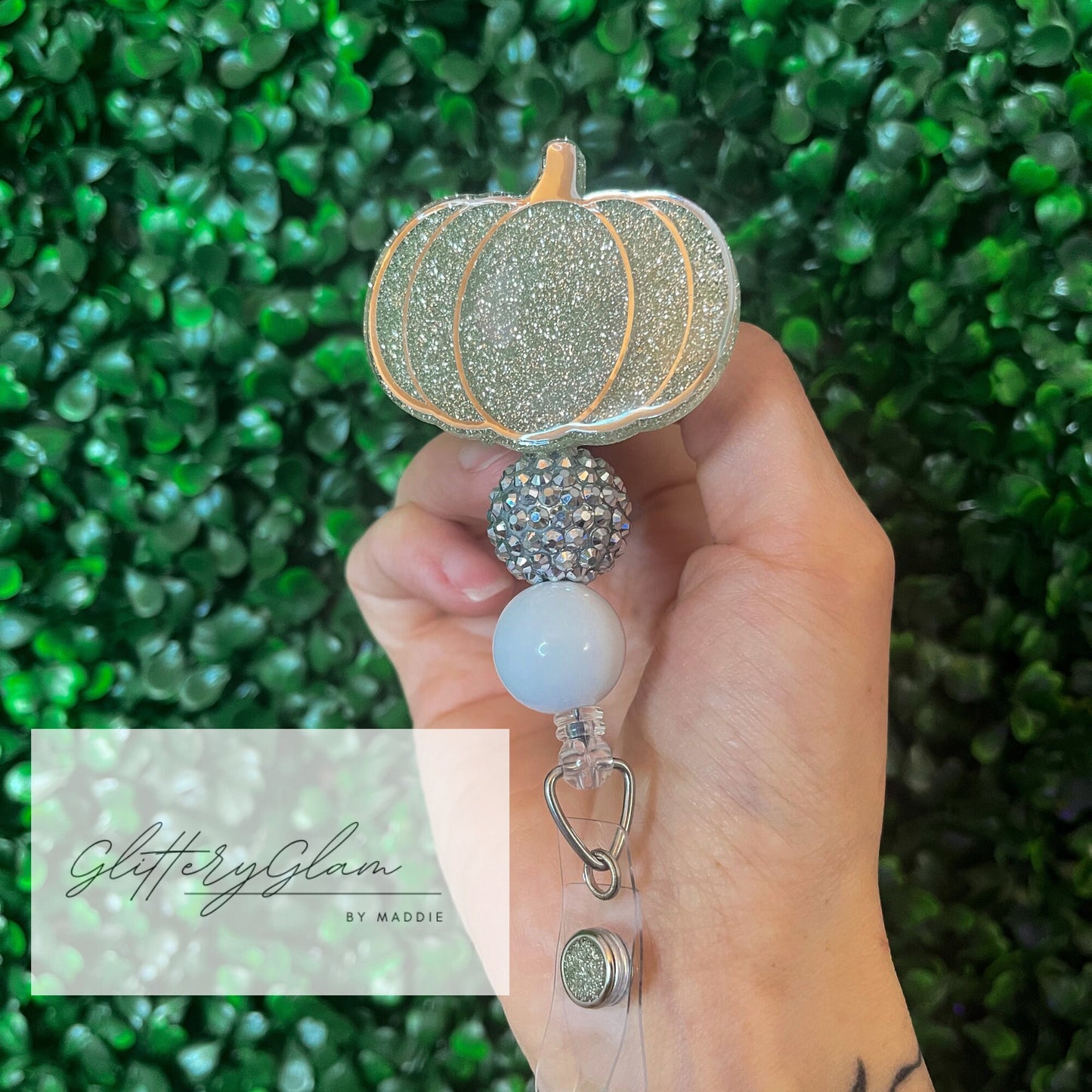 Sparkling Silver Pumpkin Badge Reel: Beaded Alligator Clip