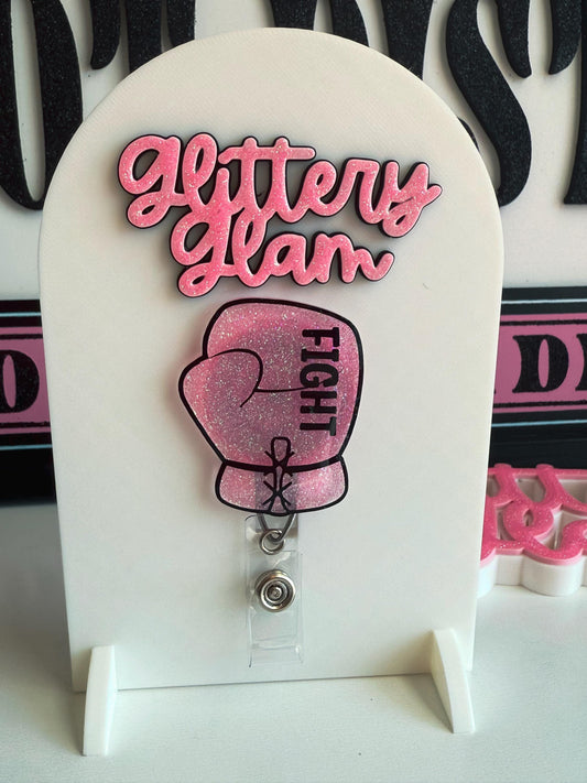 Pink Glitter Boxing Glove Badge Reel | Breast Cancer Awareness ID Holder | Nurse Badge Reel | Fight Cancer Ribbon Badge Clip