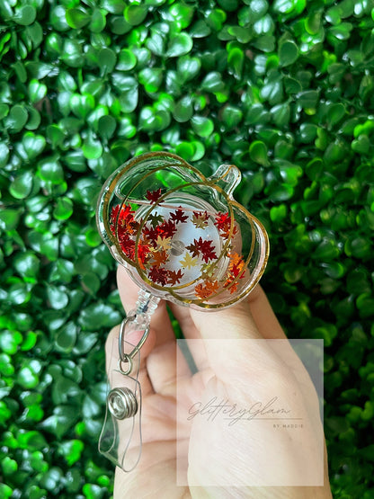 Pumpkin Shaker Badge Reel: Autumn Leaves, Retractable ID Holder