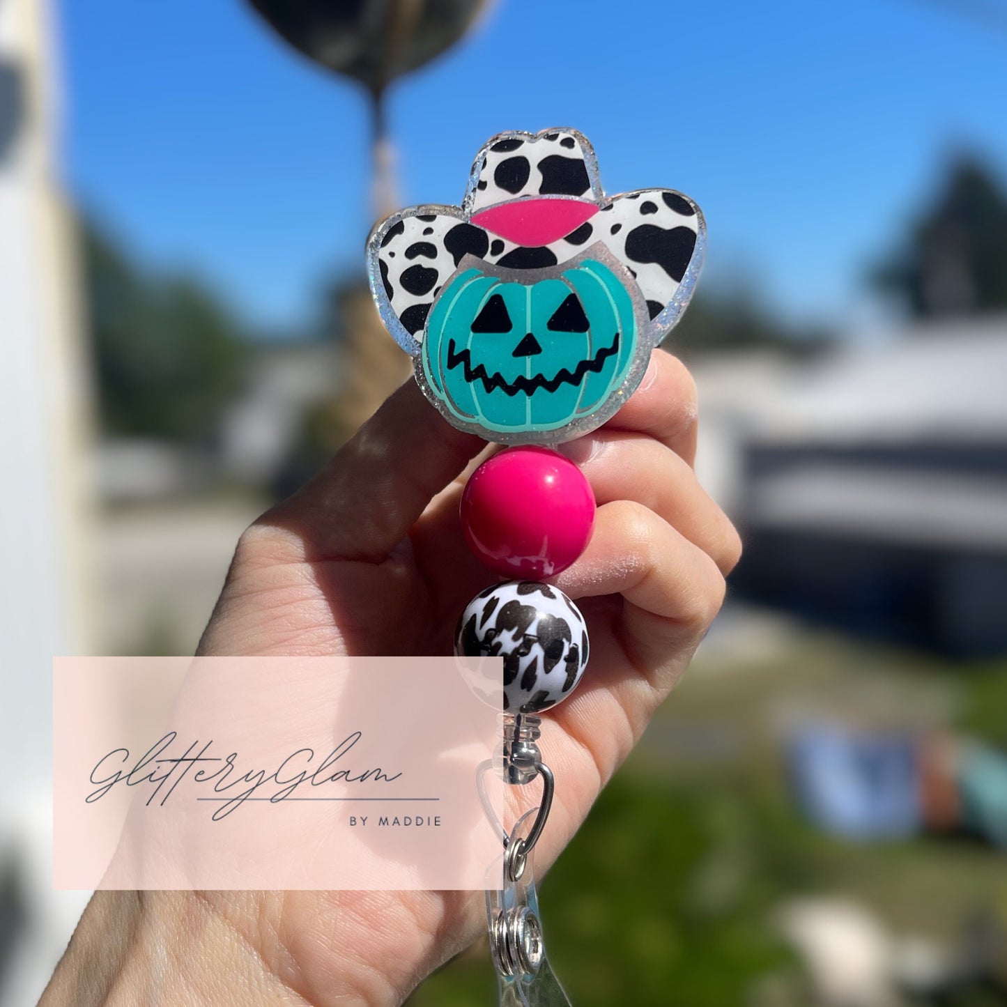 Cowboy Pumpkin Badge Reel: Pink Teal Western Cowprint Hat