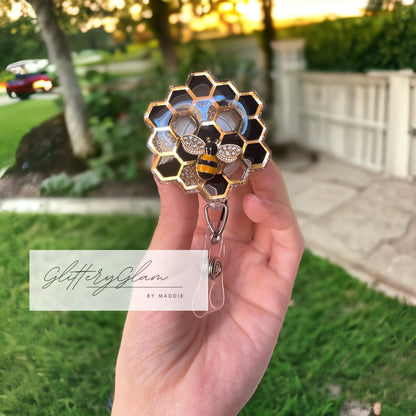 Honeycomb Bee Badge Reel: Glitter ID Holder, Nurse Gift