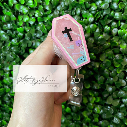 Pink Glow in the Dark Coffin Shaker Badge Reel, Halloween Badge Clip for Nurses, Retractable ID Holder, Gift for Spooky Season Lovers