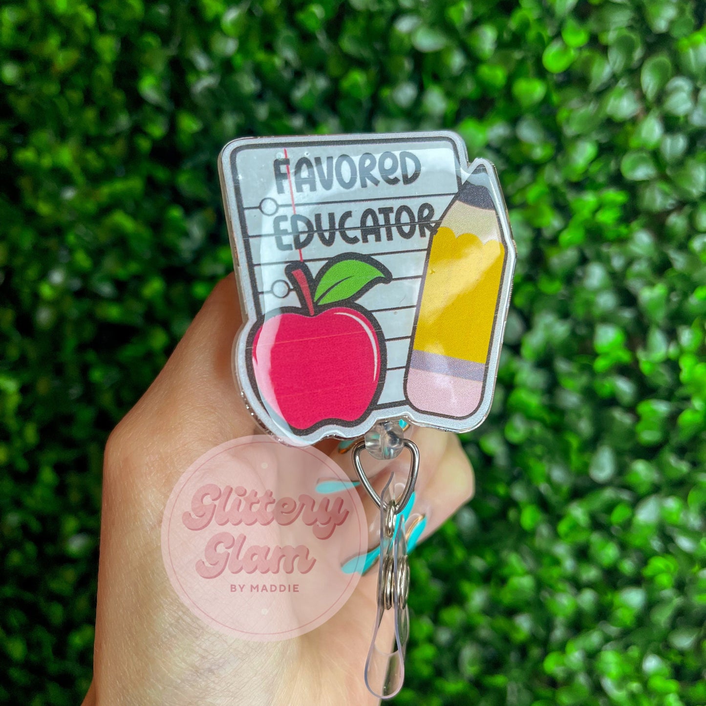 Personalized Teacher Badge Reel: Glittered Acrylic ID Holder
