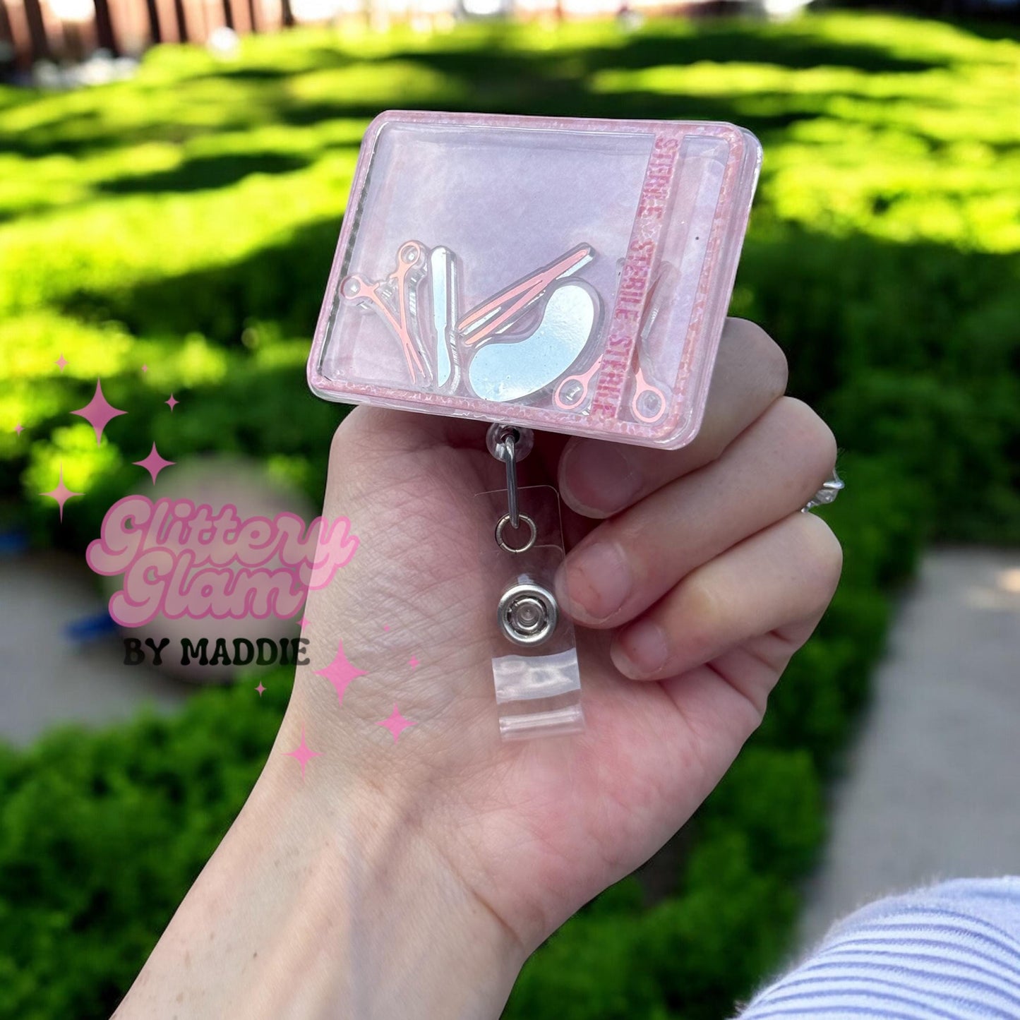 Pink Glitter Mayo Tray Shaker Badge Reel: Surgical Nurse ID Holder