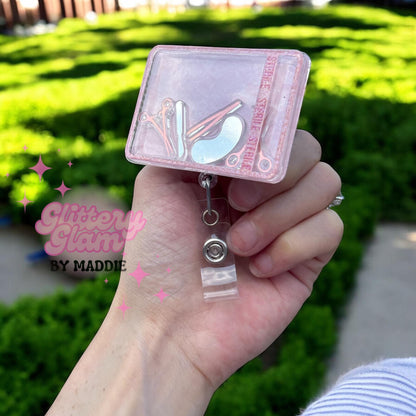 Pink Glitter Mayo Tray Shaker Badge Reel: Surgical Nurse ID Holder