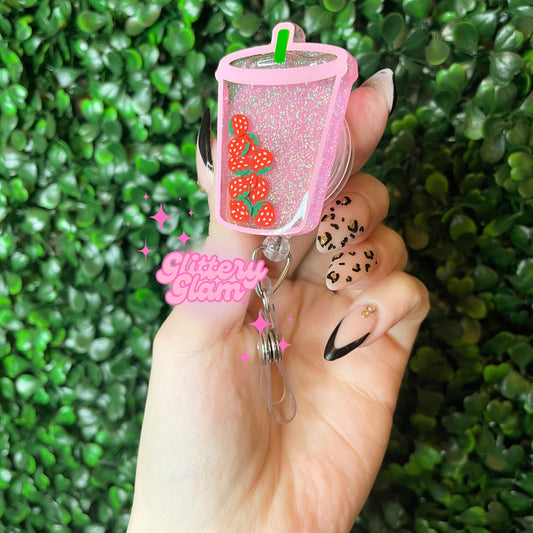 Strawberry Lemonade Shaker Badge Reel: Pink Drink Work ID Holder