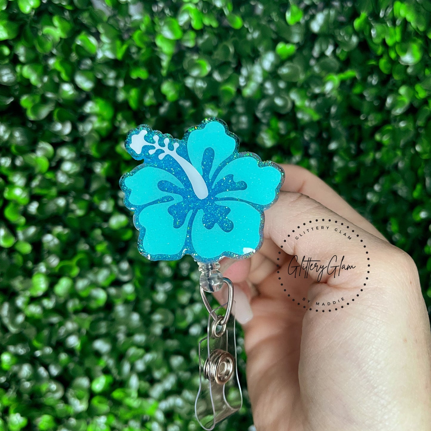 Summer Hibiscus Badge Reel: Glitter Floral Nurse ID Holder