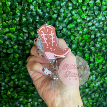 Rustic Pink Cowgirl Boot Badge Reel - Western ID Holder