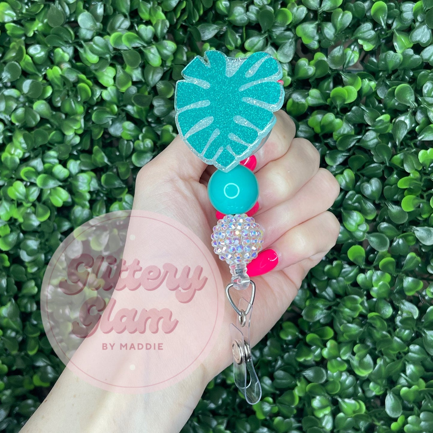 Monstera Leaf Badge Reel: Glitter Plant ID Holder