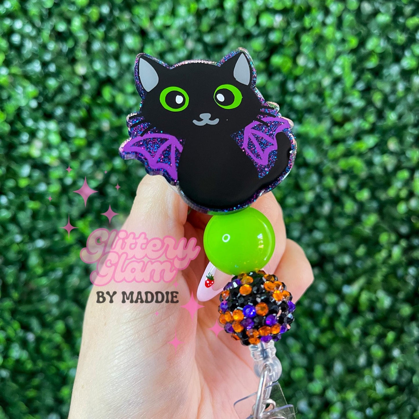 Bat Cat Halloween Badge Reel: Beaded Spooky Accessory