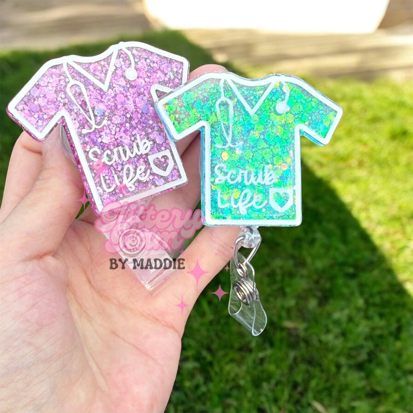 Glitter Scrub Top Badge Reel: Sparkly Nurse ID Holder
