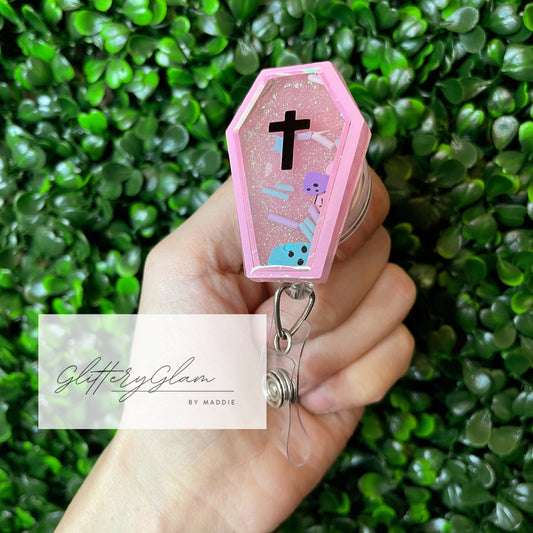 Pink Glow in the Dark Coffin Shaker Badge Reel, Halloween Badge Clip for Nurses, Retractable ID Holder, Gift for Spooky Season Lovers